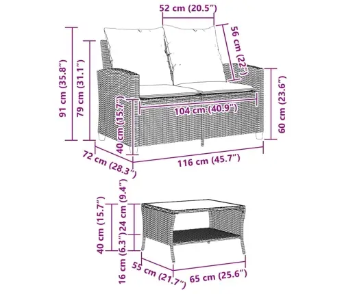 Dvivietė Sodo Sofa Su Staliuku Ir Pagalvėlėmis, Smėlio Spalvos