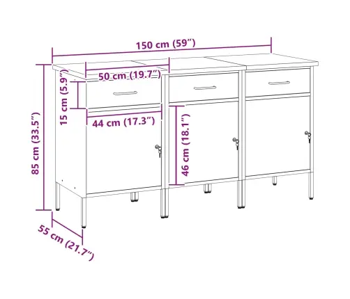 Töökapp Sahtliga Lukuga 3 Pcs Must Ja Hall 150 X 55 X 85 Cm
