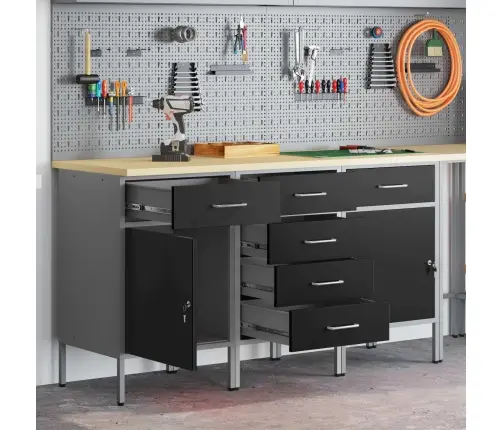 Darba Skapis Ar Riteni 3 Pcs Melns Un Pelēks 150 X 55 X 85 Cm Vidaxl