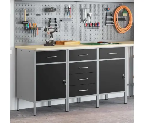 Darba Skapis Ar Riteni 3 Pcs Melns Un Pelēks 150 X 55 X 85 Cm Vidaxl