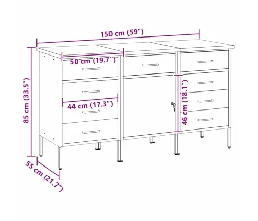 Töökapp Sahtliga Lukuga 3 Pcs Punane Ja Hall 150 X 55 X 85 Cm
