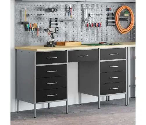 3 Daļu Darbnīcas Skapja Un Galda Komplekts Melnā Inženierijas Koksnē Un Tēraudā Vidaxl