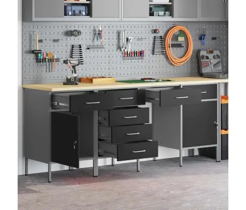 Töökapp 4 Pcs Must 200 X 55 X 85 Cm Töödeldud Puit Ja Teras