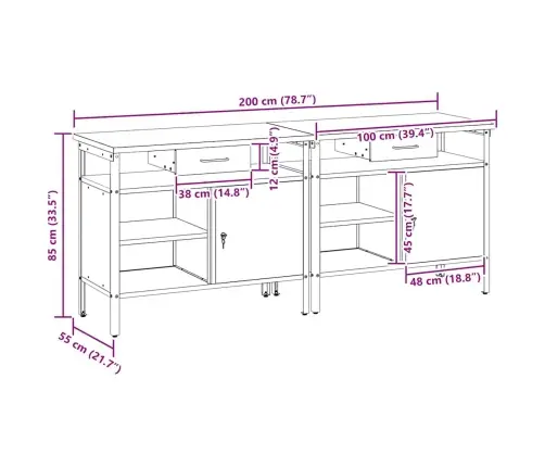 Darbagalda Komplekts Ar Atvilktni 2 Pcs Melna 200 X 55 X 85 Cm Vidaxl
