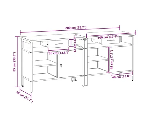 Darbagalda Komplekts Ar Atvilktni 2 Pcs Melna 200 X 55 X 85 Cm Vidaxl
