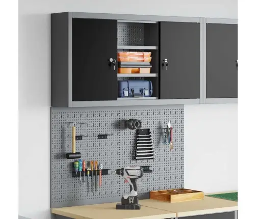 3 Daļu Rīku Skapja Un Plāksnes Komplekts Pie Sienas Melnā Metalizētā Krāsā Vidaxl