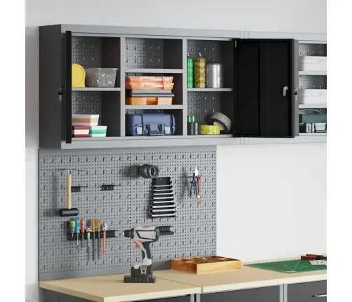 3 Daļu Rīku Skapja Un Plāksnes Komplekts Pie Sienas Melnā Metalizētā Krāsā Vidaxl