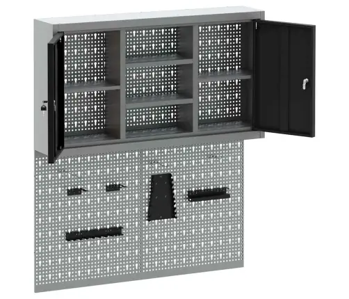 3 Daļu Rīku Skapja Un Plāksnes Komplekts Pie Sienas Melnā Metalizētā Krāsā Vidaxl