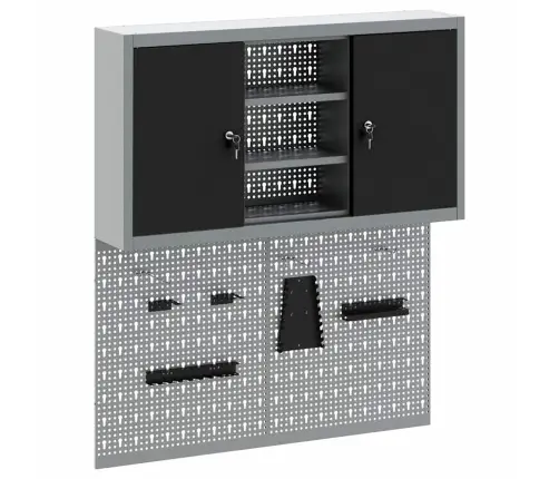 3 Daļu Rīku Skapja Un Plāksnes Komplekts Pie Sienas Melnā Metalizētā Krāsā Vidaxl