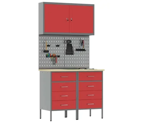 Darba Skapis 5 Pcs Sarkana Inženieru Koks Un Tērauds Vidaxl