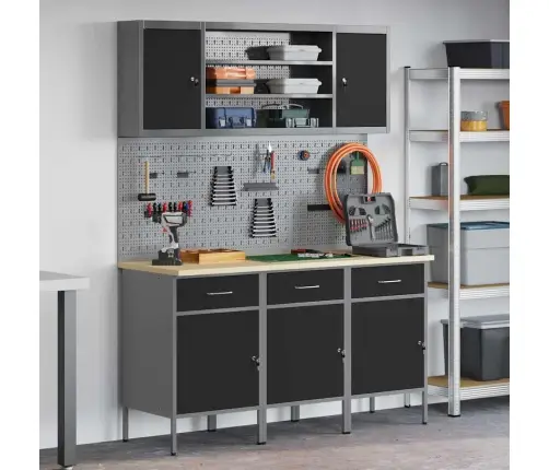 Töökapp Sahtliga Riiuliga 7 Pcs Must Töödeldud Puit Ja Teras