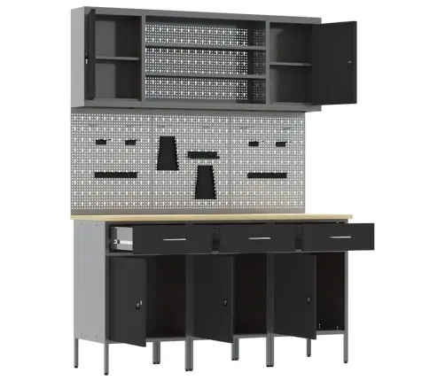 Töökapp Sahtliga Riiuliga 7 Pcs Must Töödeldud Puit Ja Teras