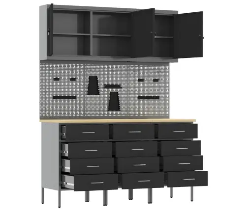 Darba Skapis Ar Atvilktni 8 Pcs Melna Inženieru Koks Un Tērauds Vidaxl