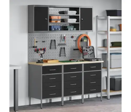 Töökapp Sahtliga Riiuliga 7 Pcs Must Töödeldud Puit Ja Teras