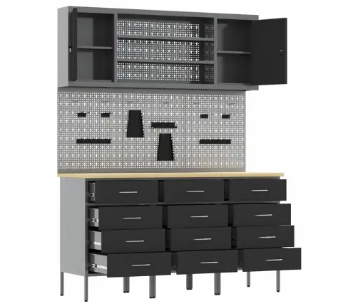 Töökapp Sahtliga Riiuliga 7 Pcs Must Töödeldud Puit Ja Teras