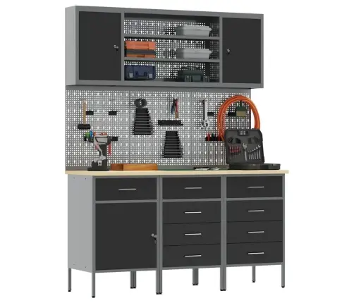 Darba Skapis Ar Atvilktni 7 Pcs Melna Inženieru Koks Un Tērauds Vidaxl