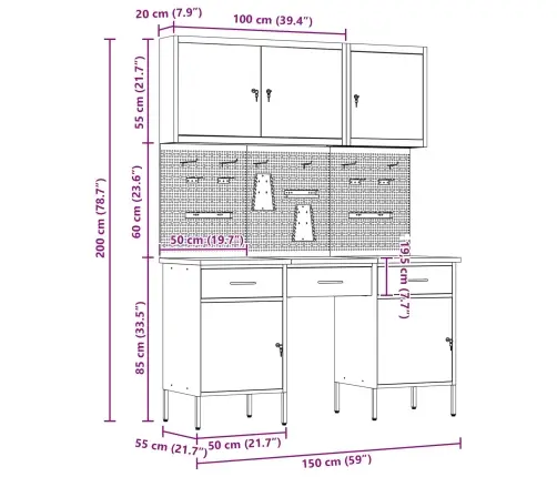 Darbagalds Ar Atvilktni 8 Pcs Melna 150 X 55 X 200 Cm Tērauds Vidaxl
