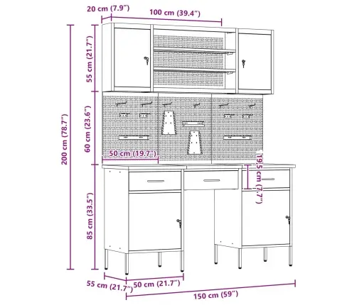 Darbagalds Ar Atvilktni 7 Pcs Melna 150 X 55 X 200 Cm Tērauds Vidaxl