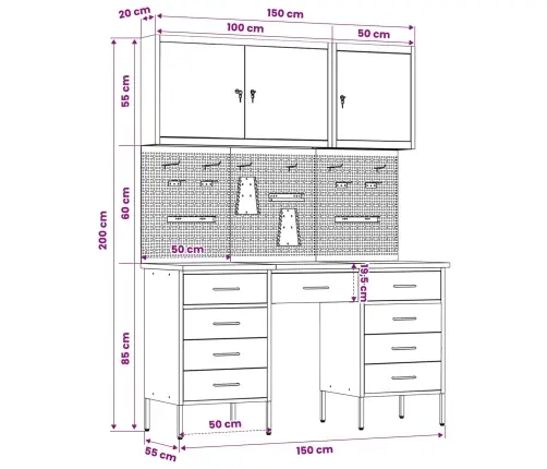 Darba Skapis Ar Atvilktni 8 Pcs Sarkana 150 X 55 X 200 Cm Vidaxl
