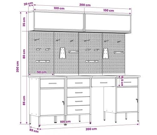 Darba Skapju Komplekts Ar Atvilktni Ar Slēdzeni 10 Pcs Sarkana Vidaxl