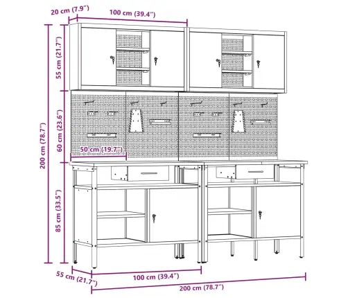 Darbagalda Komplekts 8 Pcs Melna 200 X 55 X 200 Cm Tērauds Vidaxl