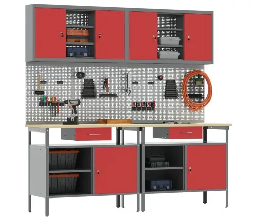 Darbagalda Komplekts 8 Pcs Sarkana 200 X 55 X 200 Cm Tērauds Vidaxl