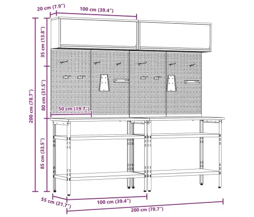 Darbagalda Komplekts Ar Plauktu Regulējams 8 Pcs Pelēka Tērauds Vidaxl