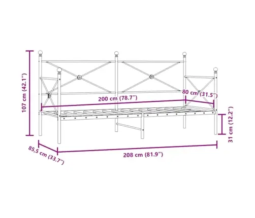 Dienas Gulta Bez Matrača Balts 80X200 Cm Tērauds Vidaxl