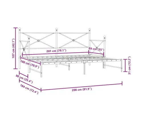 Kušete Ar Izliekumu Bez Matrača Balts 90X200 Cm Tērauds Vidaxl