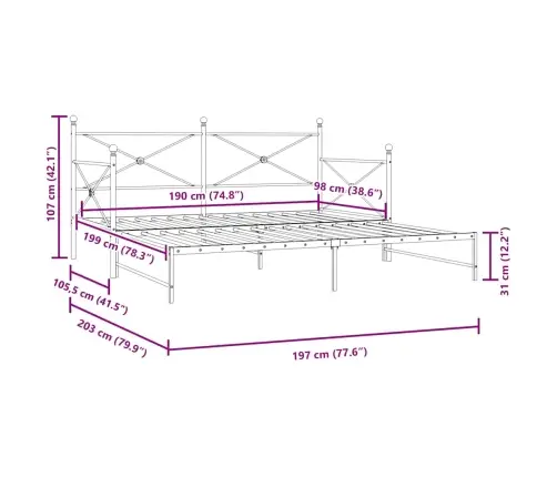 Kušete Ar Izliekumu Bez Matrača Balts 100X190 Cm Tērauds Vidaxl