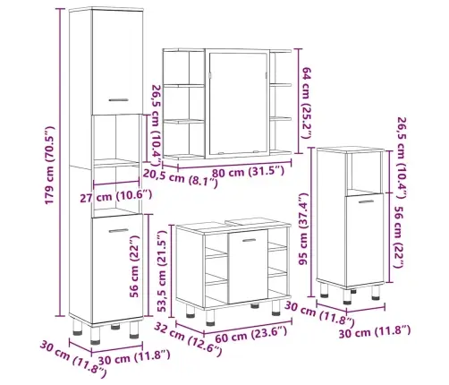 4-Osaline Vannitoa Mööblikomplekt, Betoonhall, Tehispuit