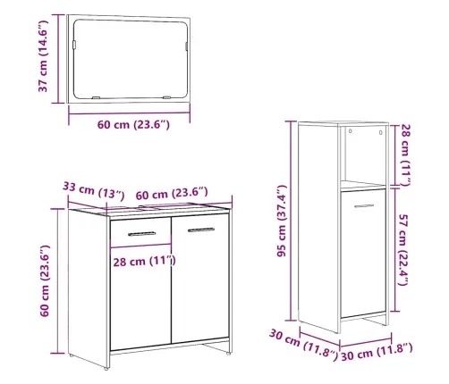 3-Osaline Vannitoa Mööblikomplekt, Betoonhall, Tehispuit