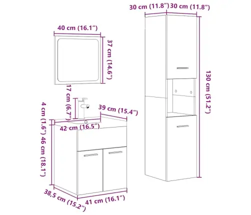 Vonios Baldų Komplektas, 4 Dalių, Ąžuolo, Apdirbta Mediena