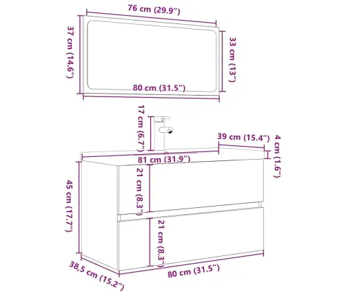 Vonios Baldų Komplektas, 3 Dalių, Ąžuolo, Apdirbta Mediena