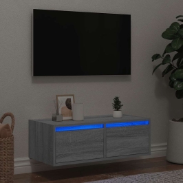 Tv Galdiņš Ar Led Lampiņām Pelēka Koka 75X35,5X25 Cm Vidaxl