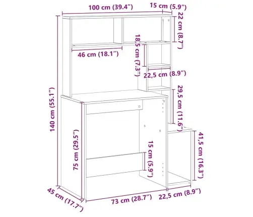 Rakstāmgalds Ar Plauktiem, Pelēka Ozolkoka Krāsa, 100X45X140 Cm Vidaxl