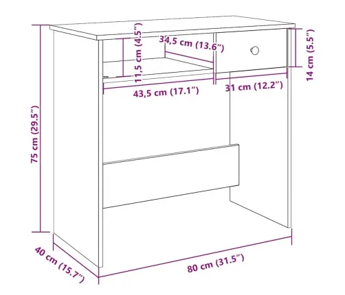Rakstāmgalds, Pelēcīga Ozola, 80X40X75 Cm, Inženierijas Koks Vidaxl