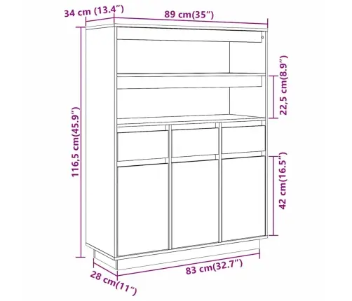 Highboard White 89X34X116,5 Cm Masīvkoka Priede Vidaxl
