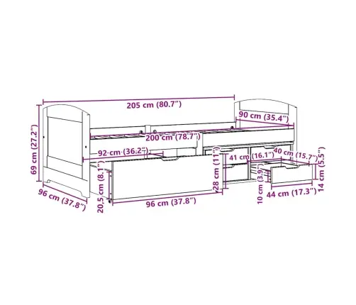 Dienas Gulta Irun, 5 Atvilktnes Bez Matrača, 90X200 Cm Vidaxl