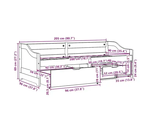 Dienas Gulta Irun, 3 Atvilktnes Bez Matrača, 90X200 Cm Vidaxl