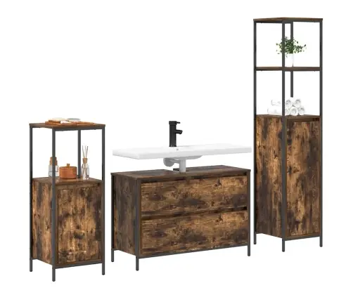 3 Daļu Vannas Istabas Mēbeļu Komplekts Ar Dūmu Ozolu Un Inženierijas Koku Vidaxl