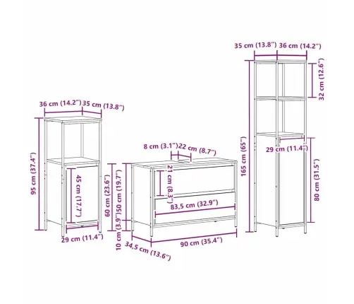 3 Daļu Vannas Istabas Mēbeļu Komplekts Ar Dūmu Ozolu Un Inženierijas Koku Vidaxl