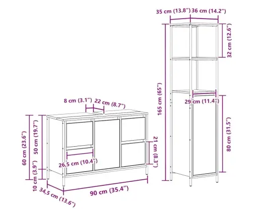 2 Gabalu Vannas Istabas Mēbeļu Komplekts Dūmakaina Ozola Inženierijas Koks Vidaxl