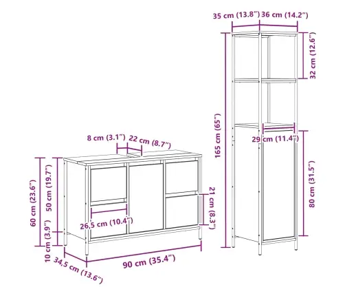 2 Gabalu Vannas Istabas Mēbeļu Komplekts Dūmakaina Ozola Inženierijas Koks Vidaxl
