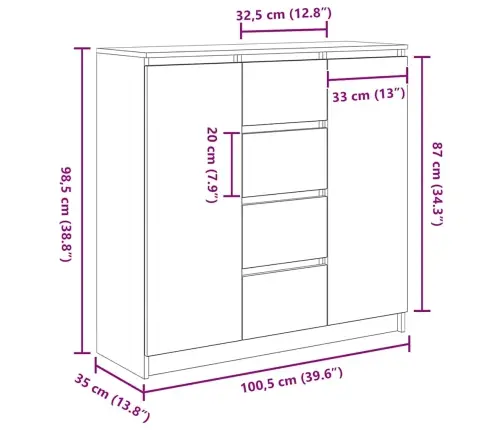 Kumode Ar Atvilktnēm, 100,5X35X98,5 Cm, Inženierijas Koks Vidaxl