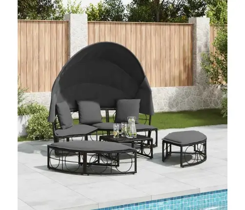 Dārza Atpūtas Gulta Ar Jumtiņu, Matračiem, Melna Pe Rotangpalma Vidaxl