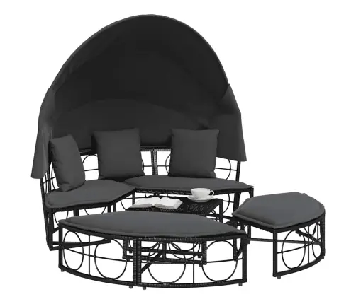 Dārza Atpūtas Gulta Ar Jumtiņu, Matračiem, Melna Pe Rotangpalma Vidaxl