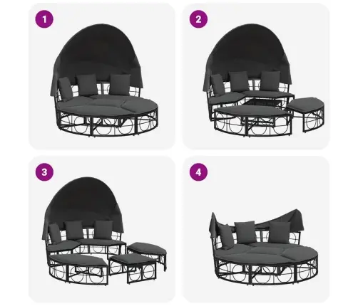 Dārza Atpūtas Gulta Ar Jumtiņu, Matračiem, Melna Pe Rotangpalma Vidaxl