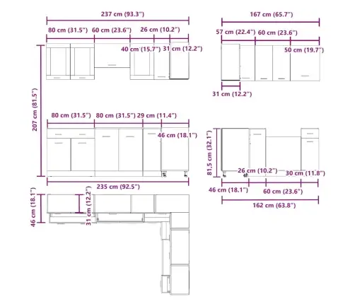 11-Osaline Köögikappide Komplekt "Lyon", Vanast Puidust, Töödeldud Puit