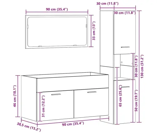 3-Osaline Vannitoa Mööblikomplekt, Vana Puit, Tehispuit